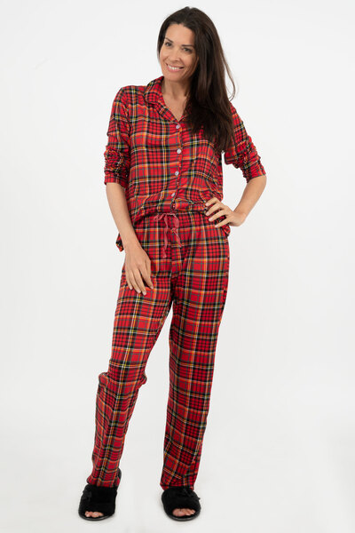 Button-up PJ gift set with notch collar - Holiday plaid