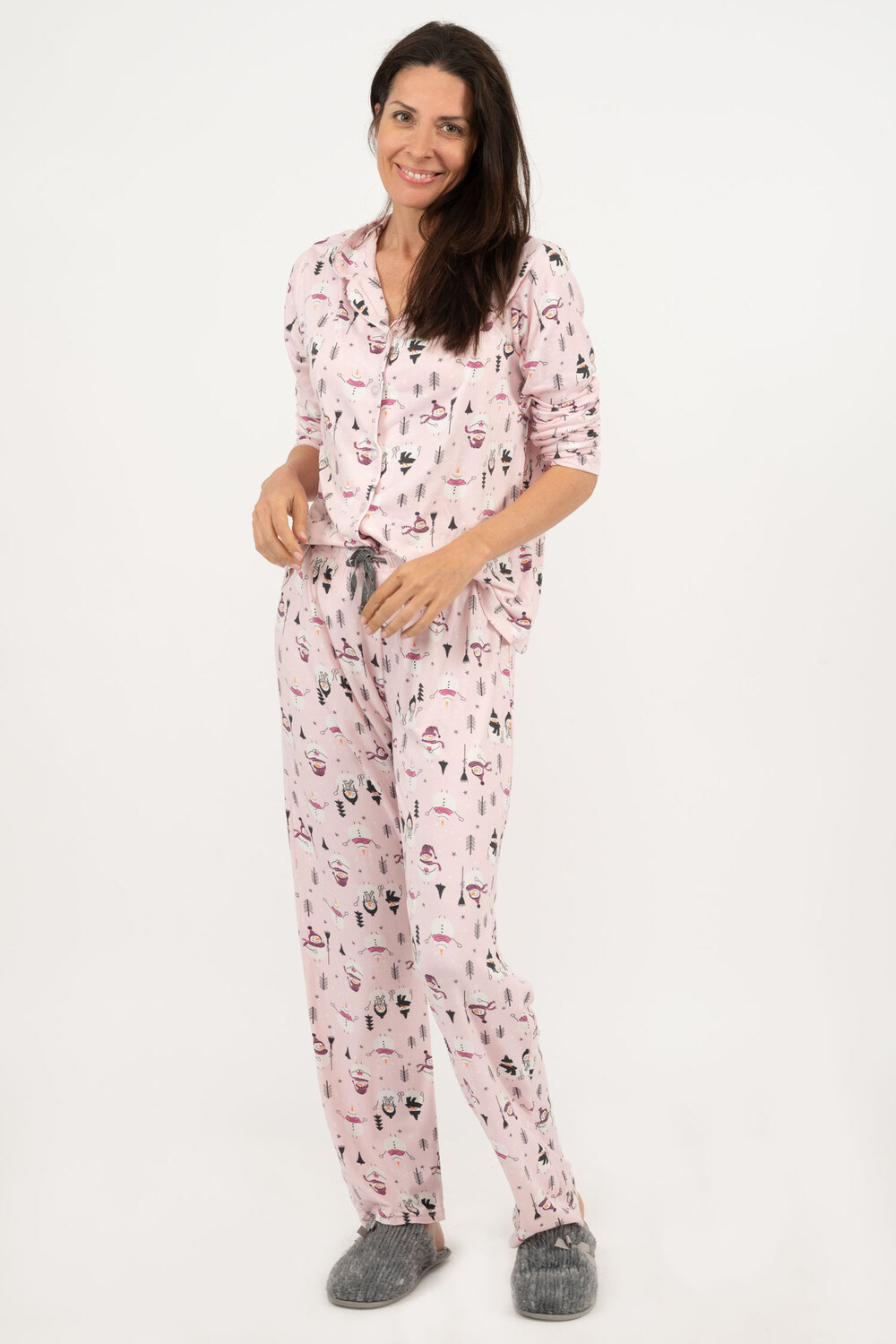 Charmour - Button-up PJ gift set with notch collar - Pink snowmen