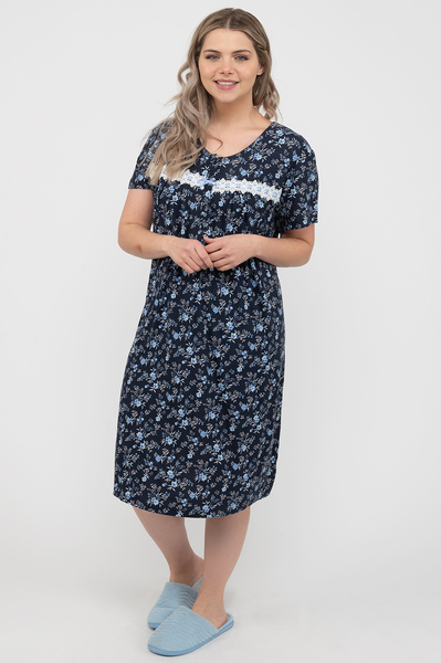 Charmour - Cap sleeve nightgown with lace and satin ribbon detail - Navy floral - Plus Size