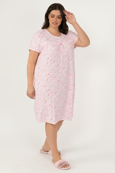 Charmour - Cap sleeve nightgown with lace and satin ribbon detail - Pink floral - Plus Size