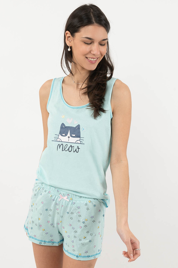 Charmour - Cotton boxer PJ set with printed graphic - Kitten's meow