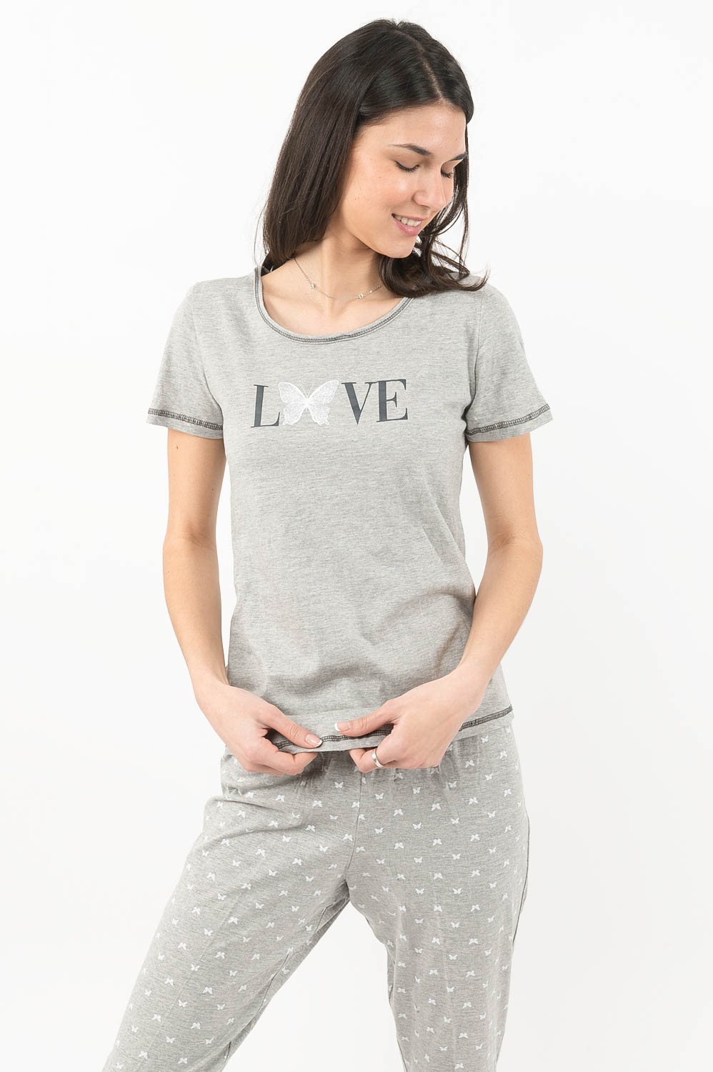 Charmour - Cotton knit capri PJ set with printed graphic - Butterfly LOVE