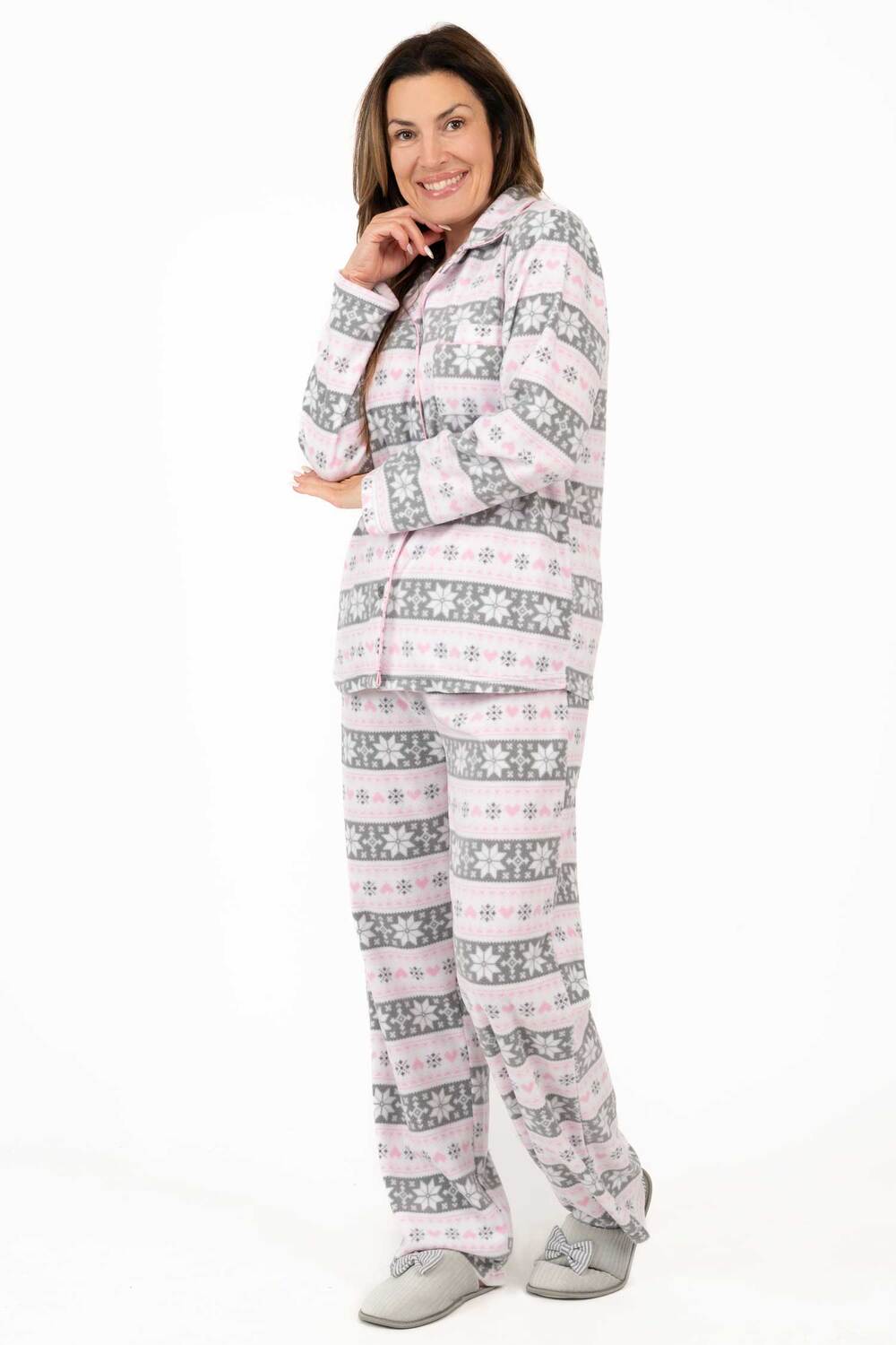 Charmour - Ens. de pyjamas boutonnés à col cranté en micropolaire- Flocons de neige féerique