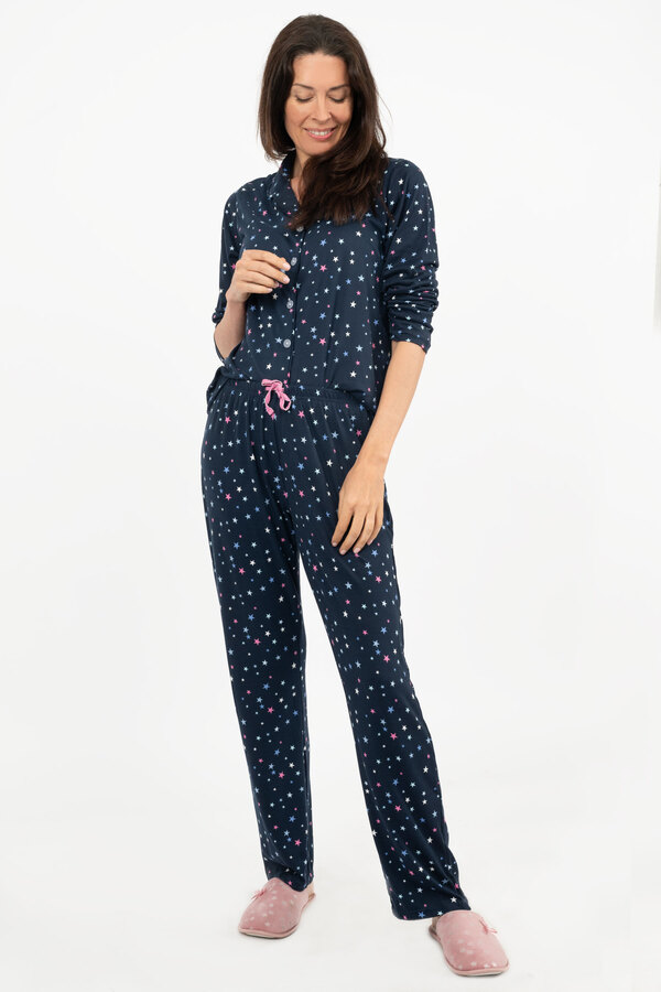 Charmour - Ens. de pyjamas boutonnés à col cranté - Étoiles brillantes marine