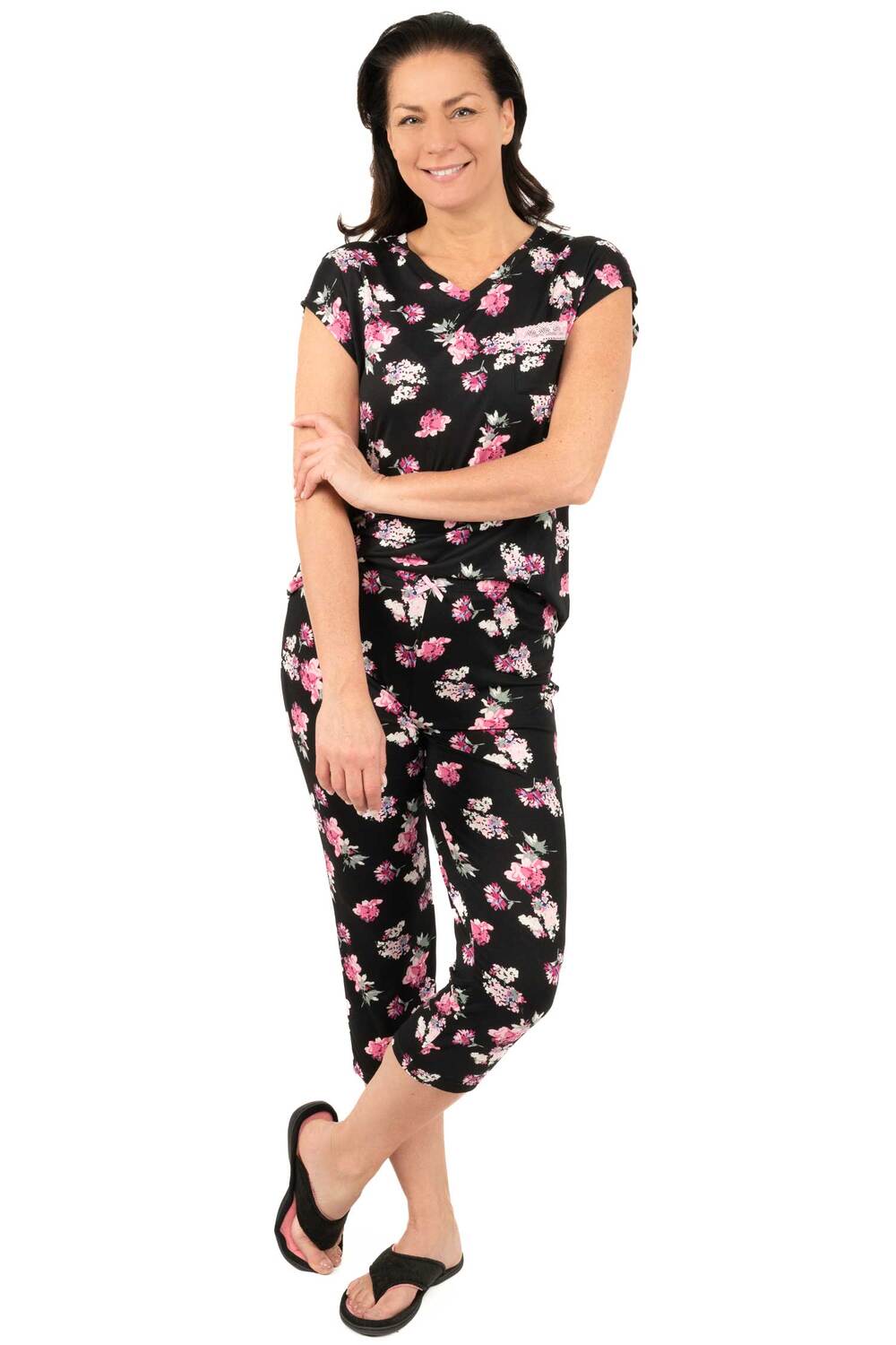 Charmour - Ensemble de pyjama capri avec poche poitrine bordée de dentelle - Rêves de fleurs
