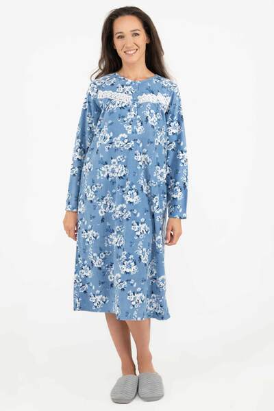 Charmour - Long micropolar henley nightgown - Blue bloom