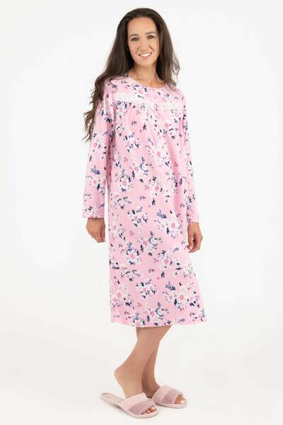 Charmour - Long micropolar henley nightgown - Pink bloom