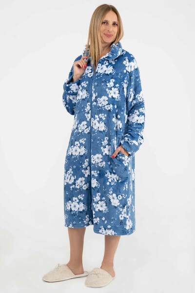 Charmour - Long micropolar robe with front zip - Blue bloom