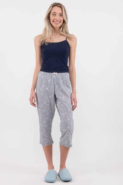 Charmour - Pantalon de pyjama capri en coton avec cordon de serrage - Petites rayures fleuries