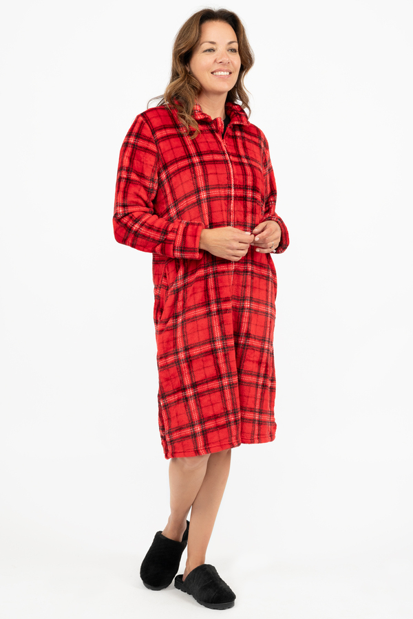 Charmour - Plush flannel front zip long robe - Classic plaid