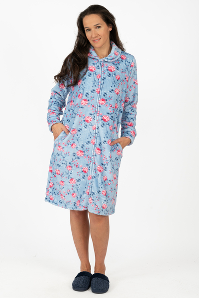 Charmour - Plush flannel front zip long robe - Morning Bloom