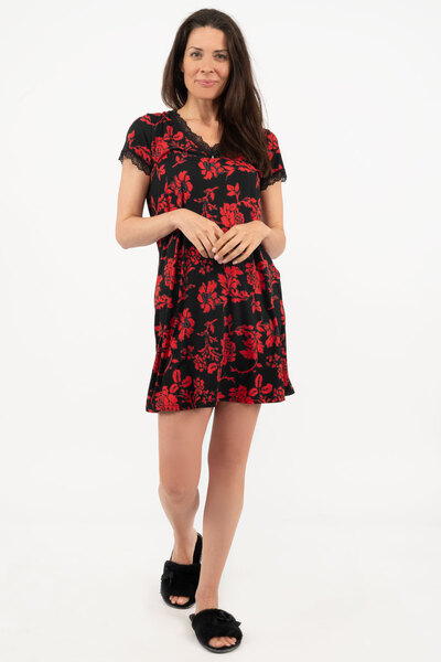 Sleepshirt with lace & pendant - Red floral