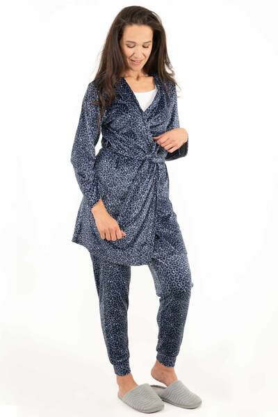 Charmour - Velour touch long-sleeve wrap robe - Blue Cheetah