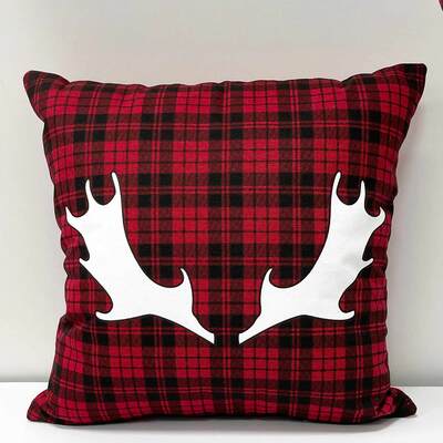 Christmas decorative cushion, 16"x16" - Antlers on red tartan
