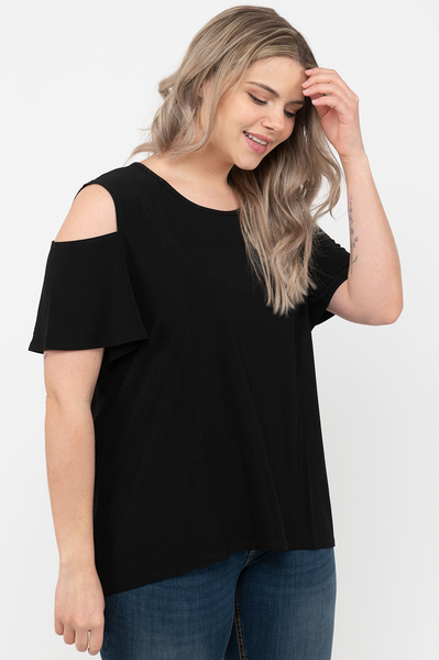 Cold-shoulder flounce sleeve blouse - Black - Plus Size