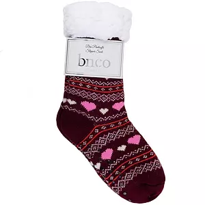 Cozy fair isle hearts slipper socks with sherpa lining, burgundy