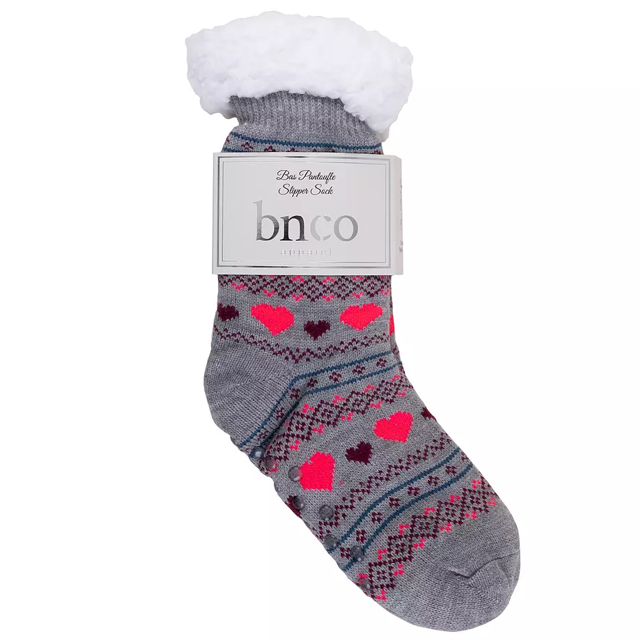 Cozy fair isle hearts slipper socks with sherpa lining, dark grey