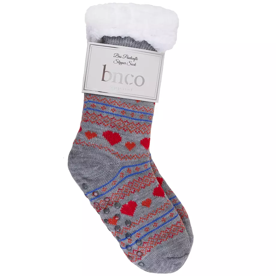 Cozy fair isle hearts slipper socks with sherpa lining, grey