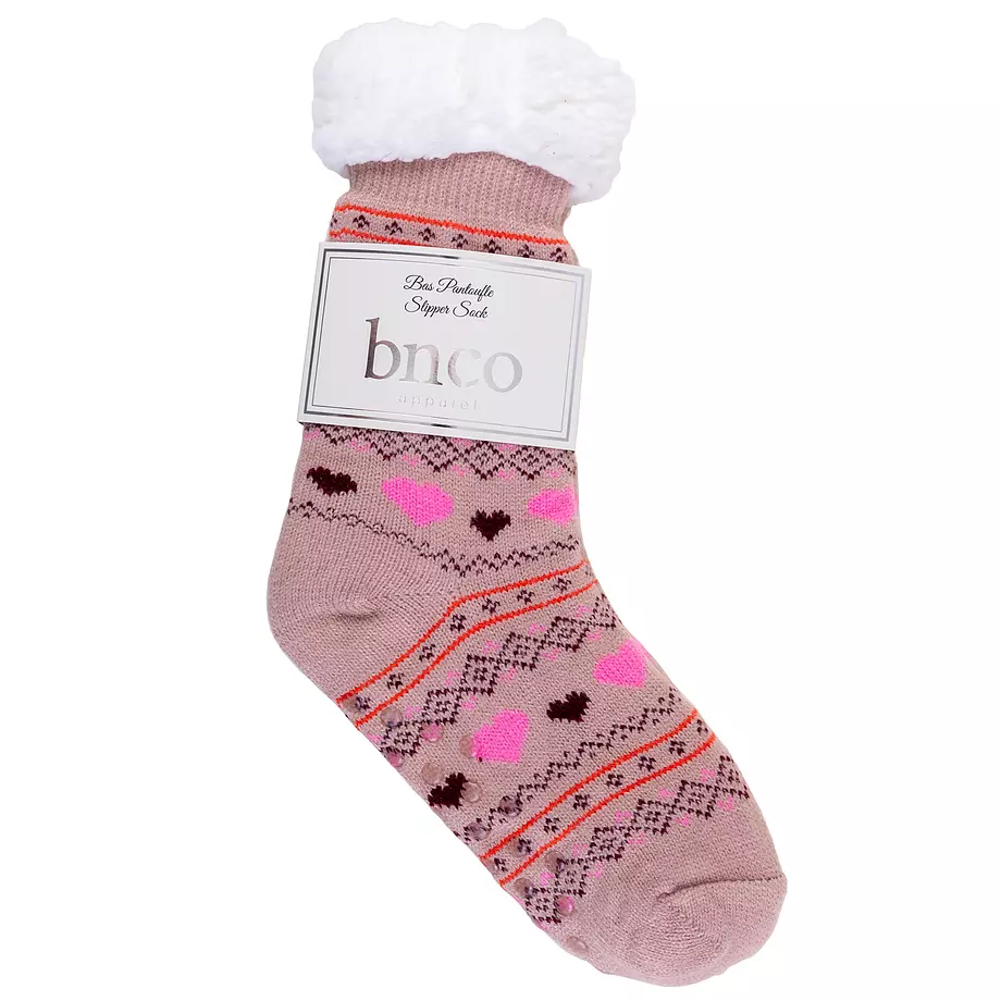 Cozy fair isle hearts slipper socks with sherpa lining, pink
