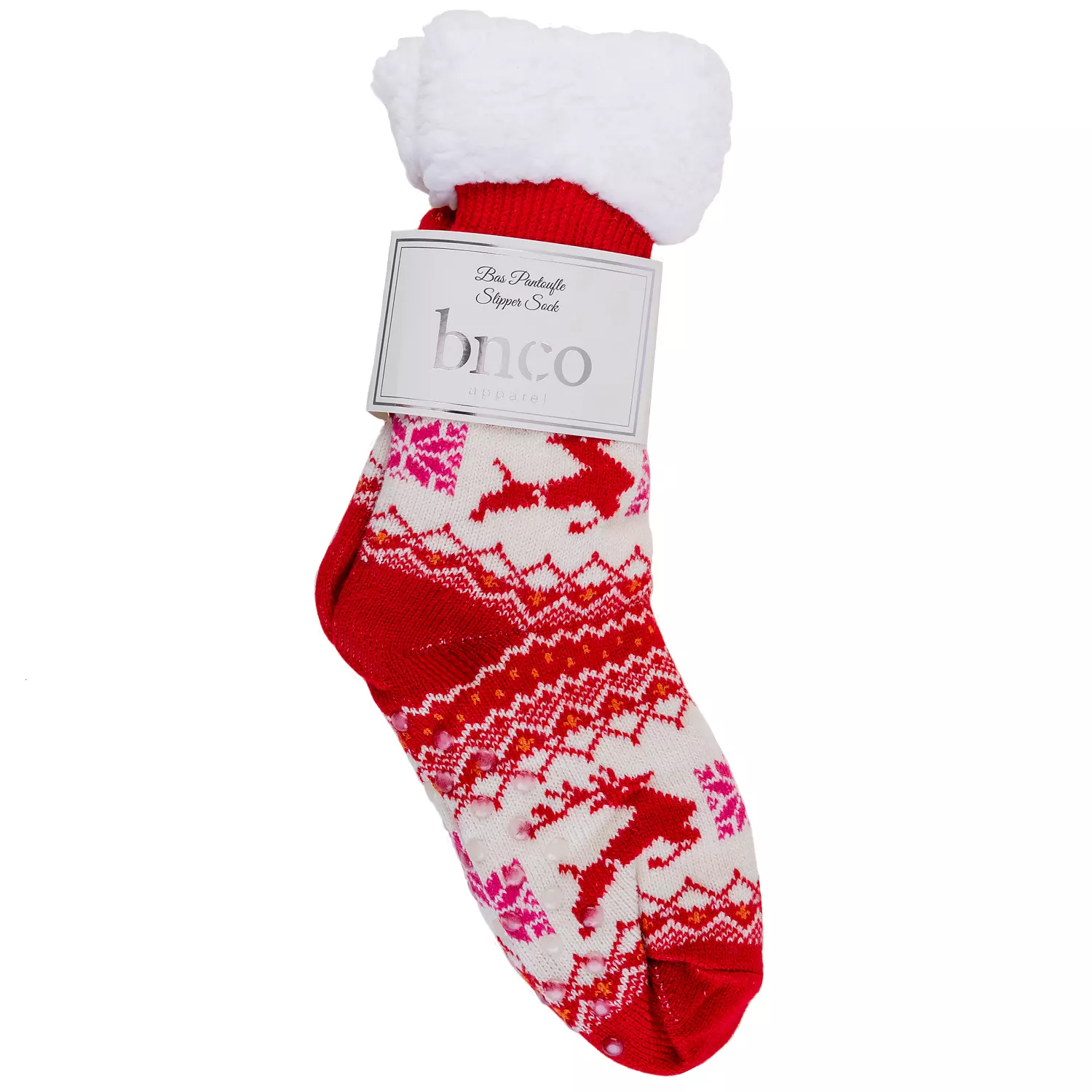 Cozy reindeer slipper socks with sherpa lining, red