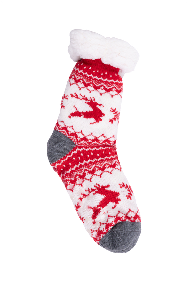Cozy slipper socks with sherpa lining - Reindeer. Colour: red. Size: 6-10