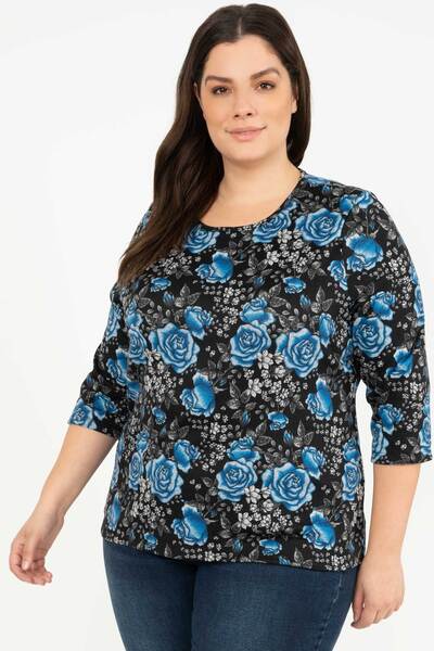 Crew-neck floral print blouse, blue roses - Plus Size