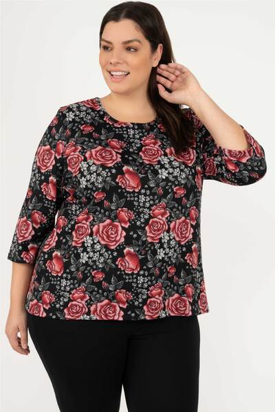 Crew-neck floral print blouse, red roses - Plus Size