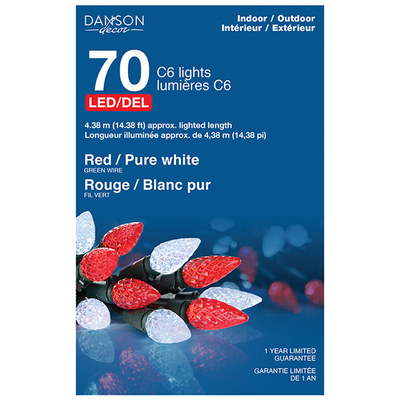 DANSON - 70 lumières festives DEL, taille C6, usage intérieur/extérieur, rouge / blanc pur