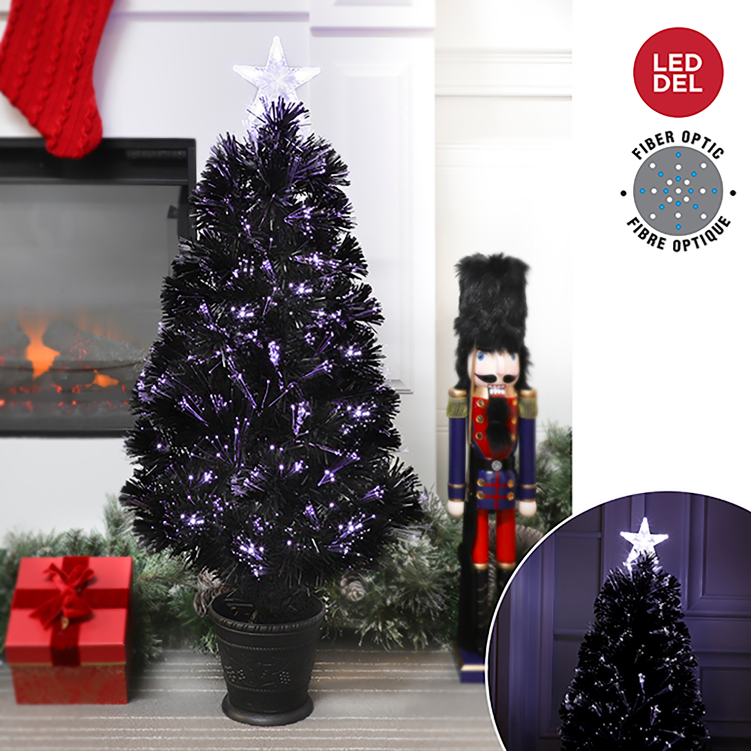 Danson - Black fiber optic LED Christmas tree with stand, 3'