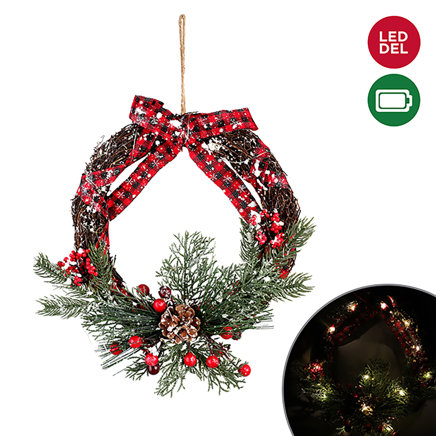 Danson - Pre-lit Christmas snowy wreath, 12"