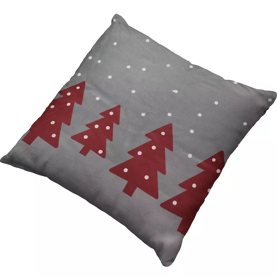 Decorative printed cushion, red Christmas trees, 18"x18"