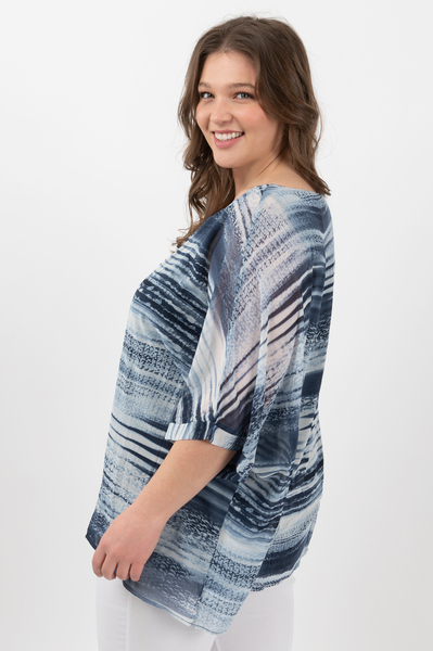 Dolman sleeve, chiffon overlay blouse - Light blue lines - Plus Size