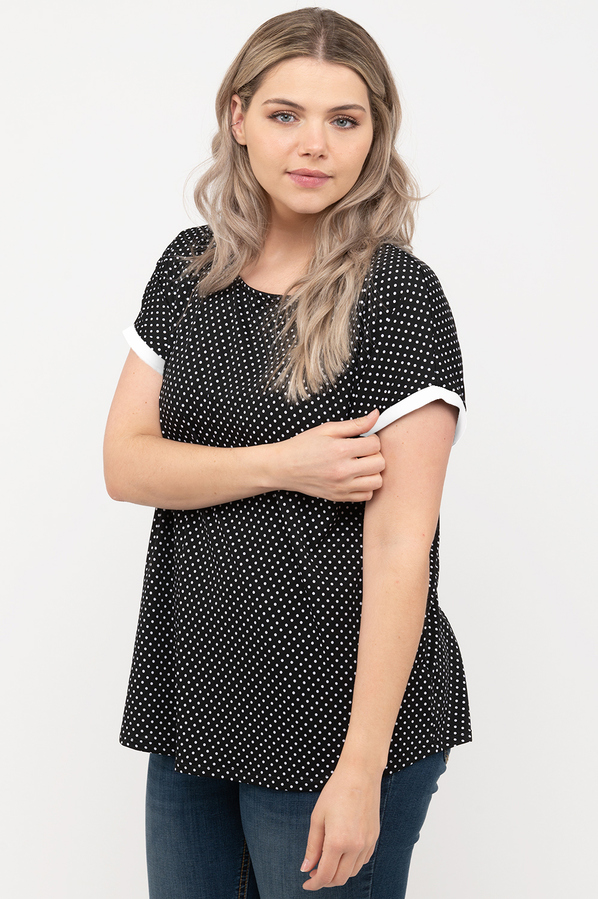 Dolman sleeve top with contrasting solid cuff - White polka dots