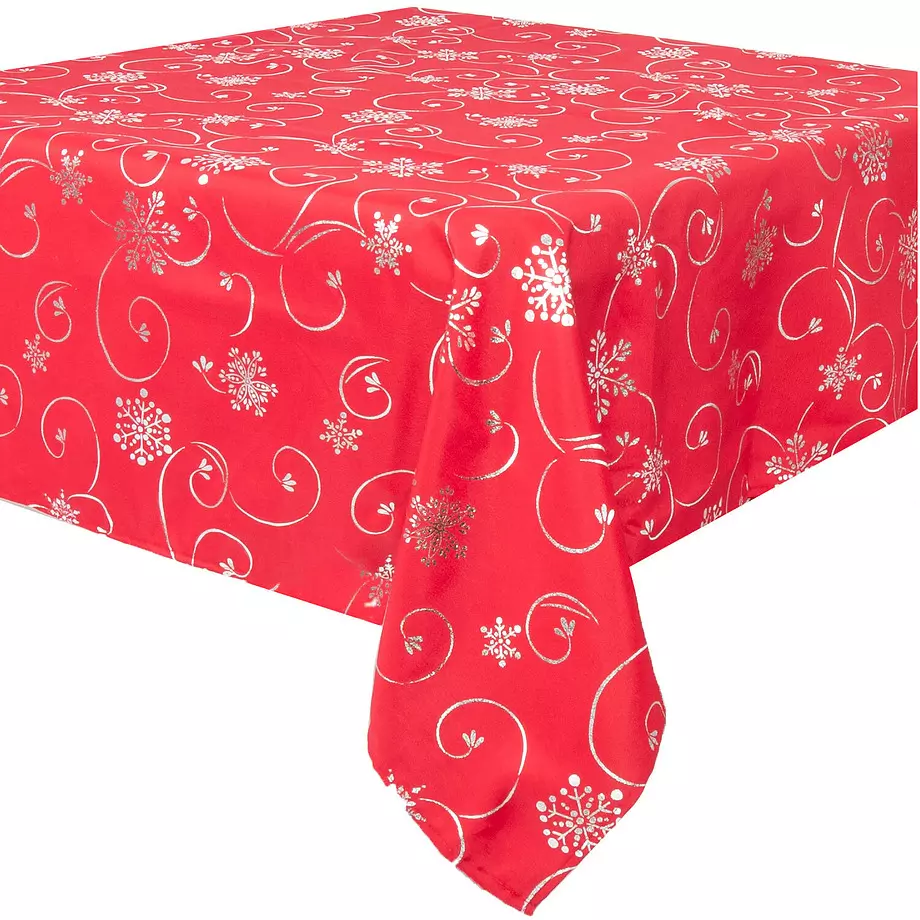 Elegance Collection, Christmas holiday fabric tablecloth, foil printed snowflakes and swirls, 54"x72", red