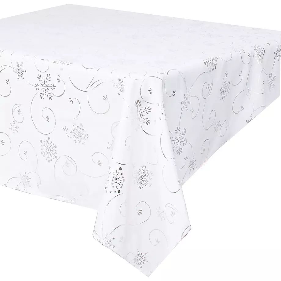 Elegance Collection, Christmas holiday fabric tablecloth, foil printed snowflakes and swirls, 54"x72", white