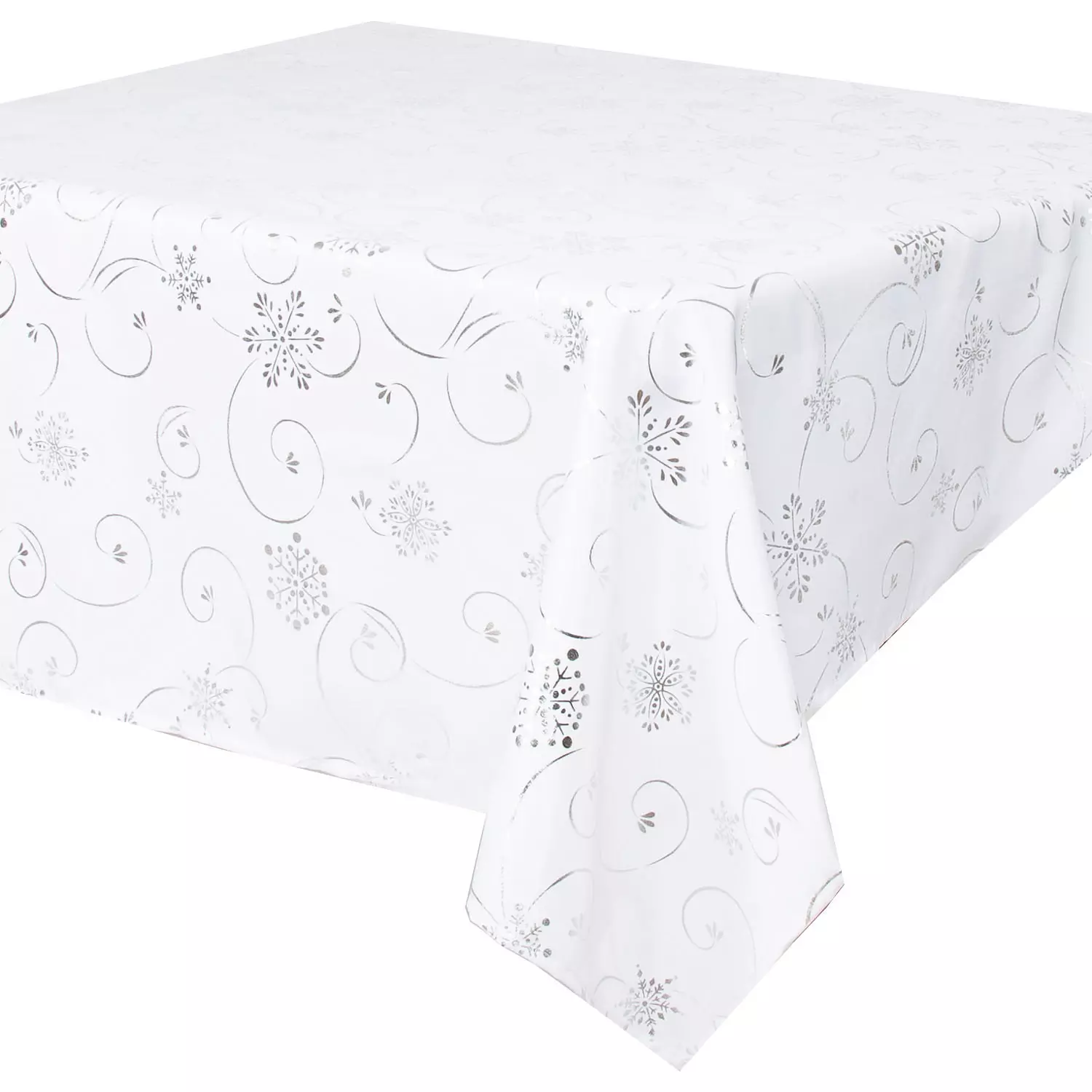 Elegance Collection, Christmas holiday fabric tablecloth, foil printed snowflakes and swirls, 60"x102", white