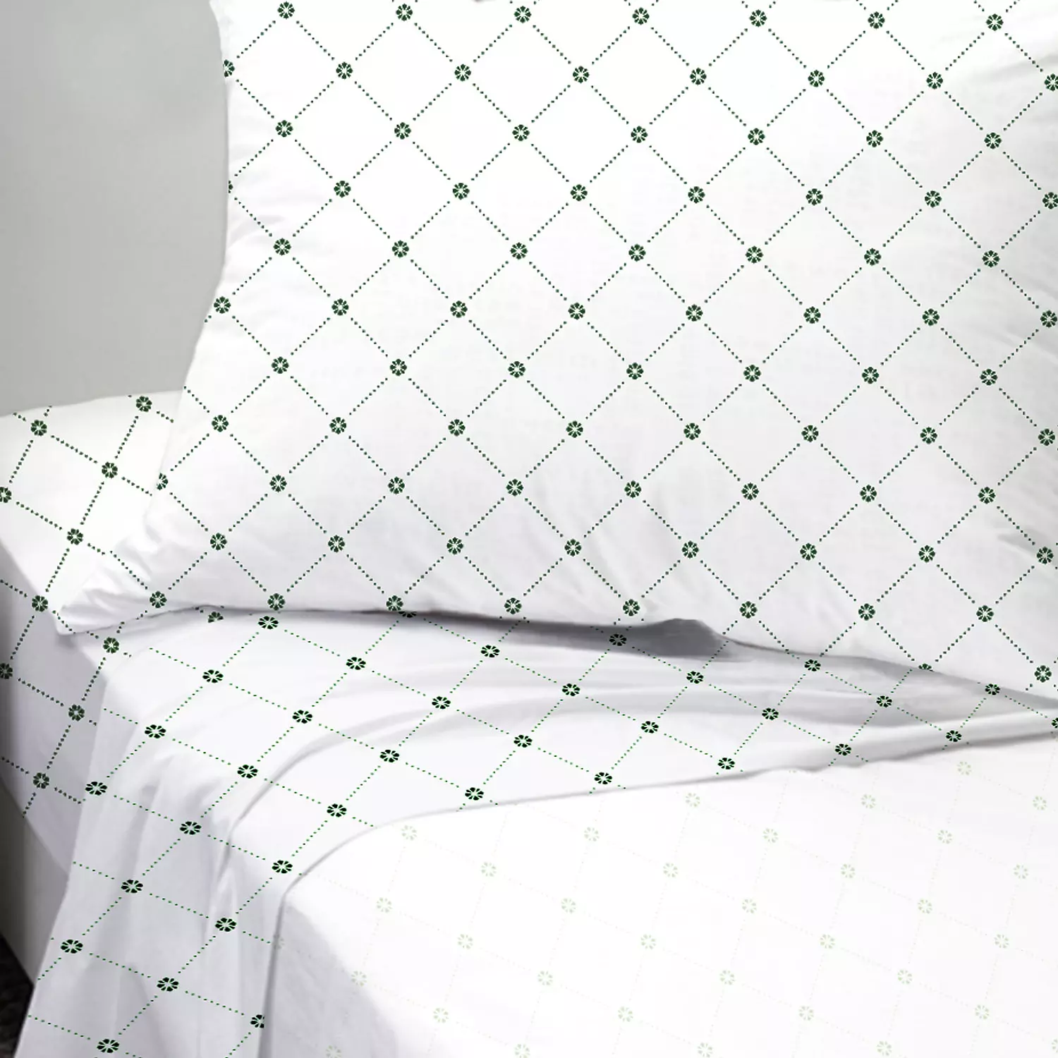 Ens. de draps en grille florale, très grand lit, vert
