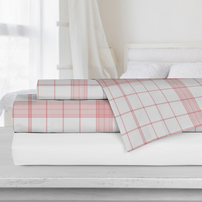 Ens. de draps imprim&eacute;s &agrave; carreaux et unis en microfibre