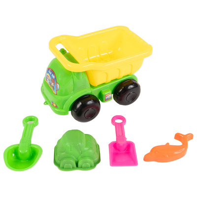 Ens. de jeu camion à benne basculante et jouets de plage, 5 mcx, Camion vert, dauphin orange