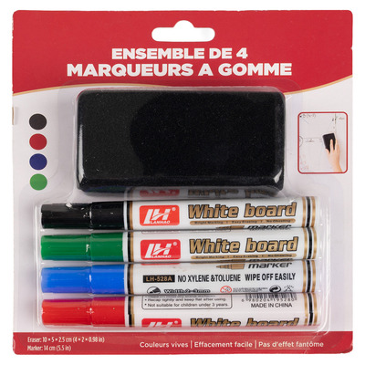 Ens. de marqueurs et efface pour tableau blanc, paq. de 4