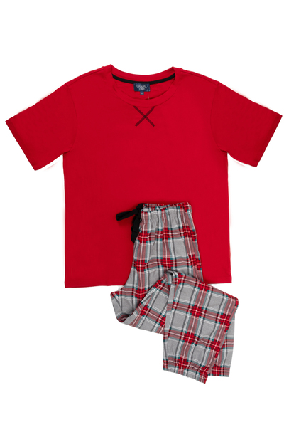 Ens. de pyjama à manches courtes et polar pressé pour hommes - Carreaux rouges