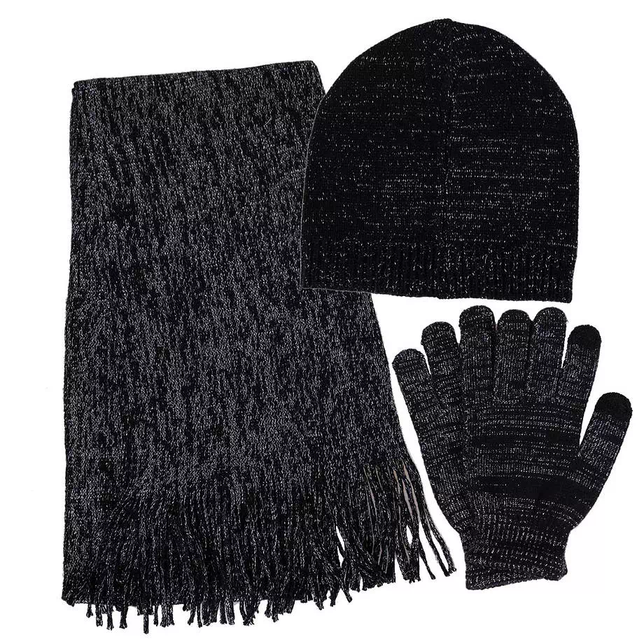 Ens. tuque, foulard et gants doux aux effets chatoyants, noir