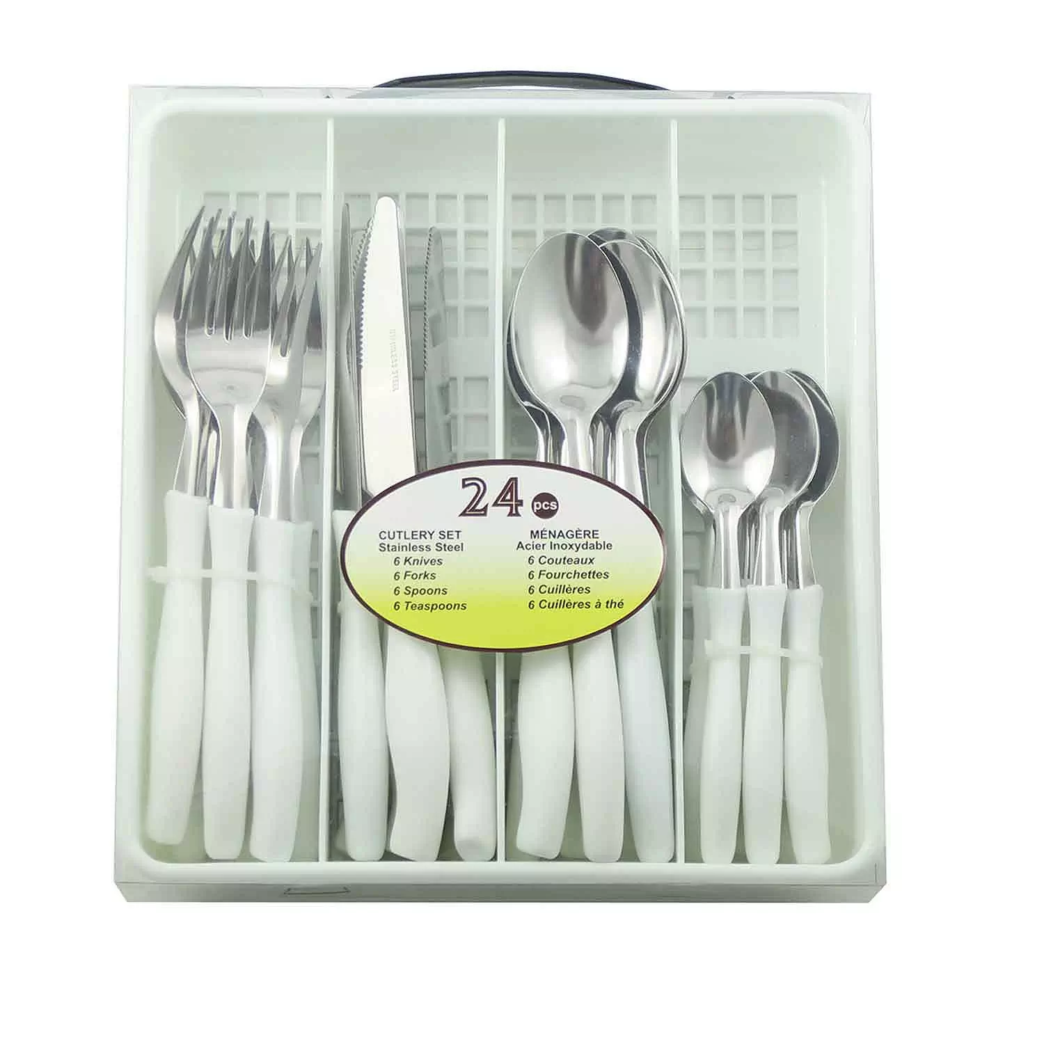 Ensemble de coutelleries, 24 pi&egrave;ces, poign&eacute;es blanches