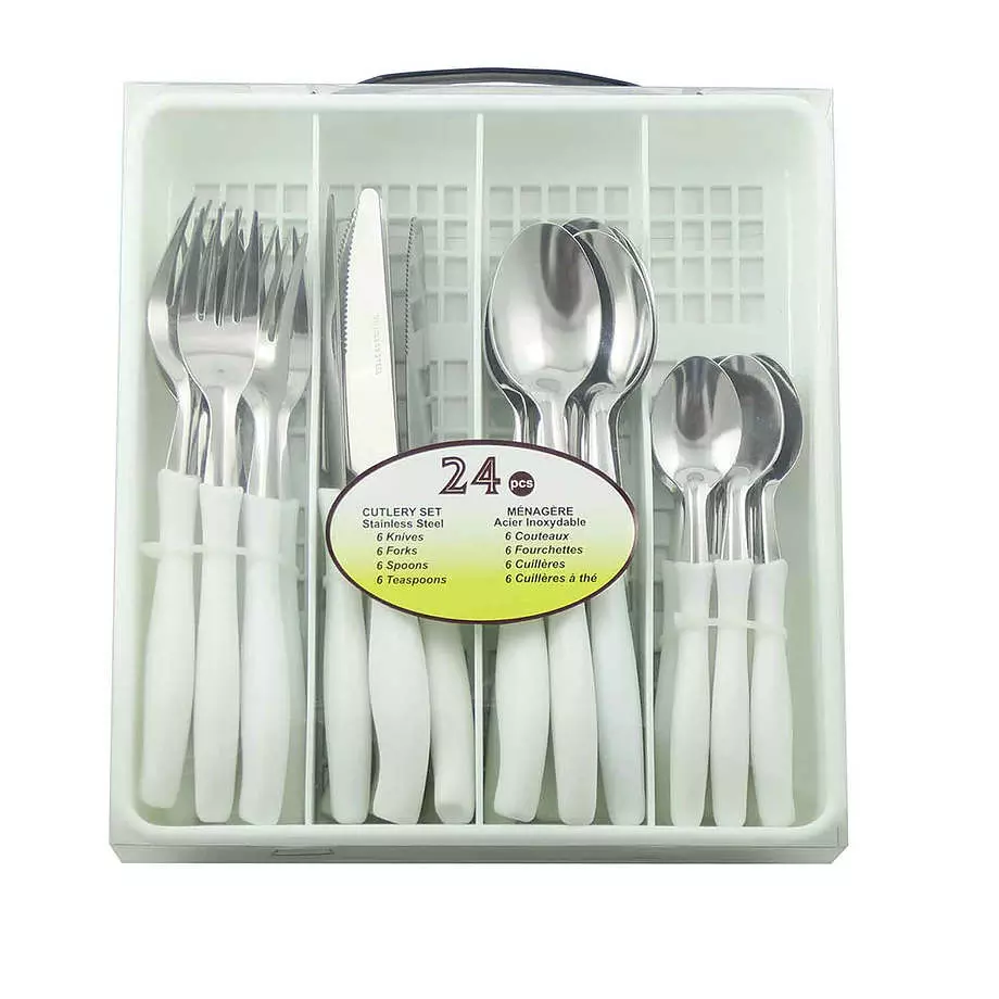Ensemble de coutelleries, 24 pi&egrave;ces, poign&eacute;es blanches