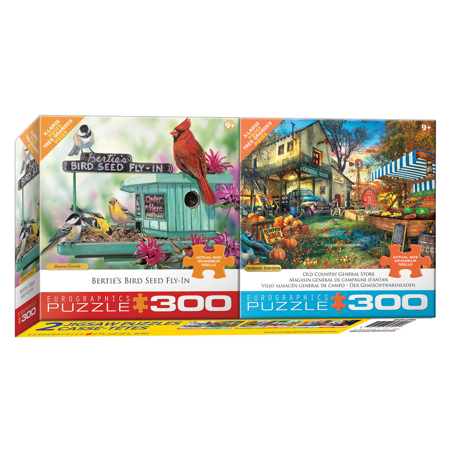 Eurographics - 2 pack puzzle set - Janene Grende, Bertie's Bird Seed Fly-In & Old Country General Store, 300 pcs