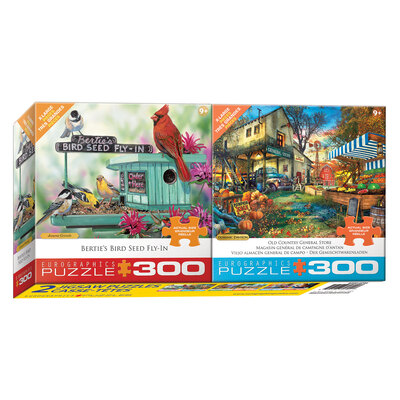 Eurographics - 2 pack puzzle set - Janene Grende, Bertie's Bird Seed Fly-In & Old Country General Store, 300 pcs