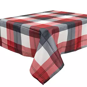 Cabin Collection, fabric tablecloth, black, white and red plaid