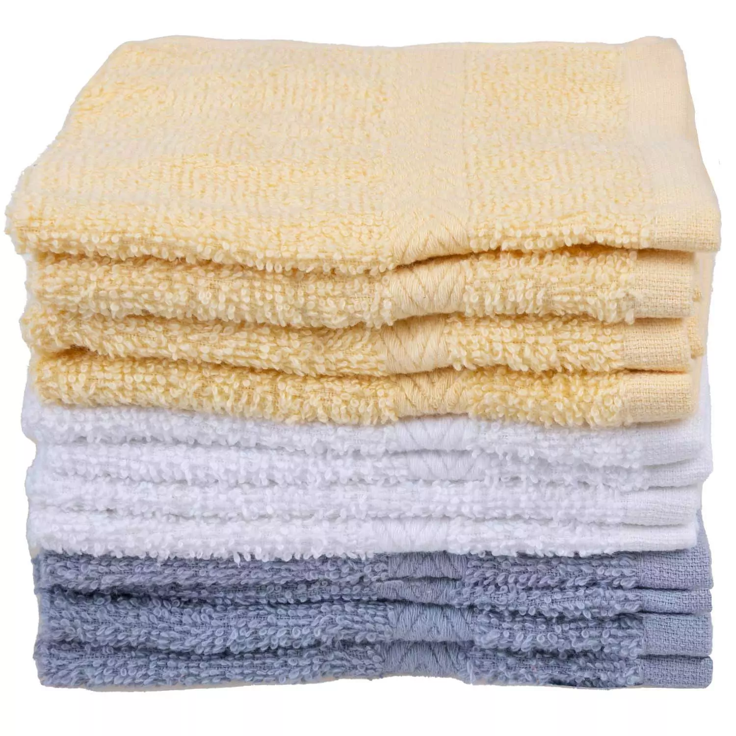 Facecloths, pk. of 12, yellow, white and grey
