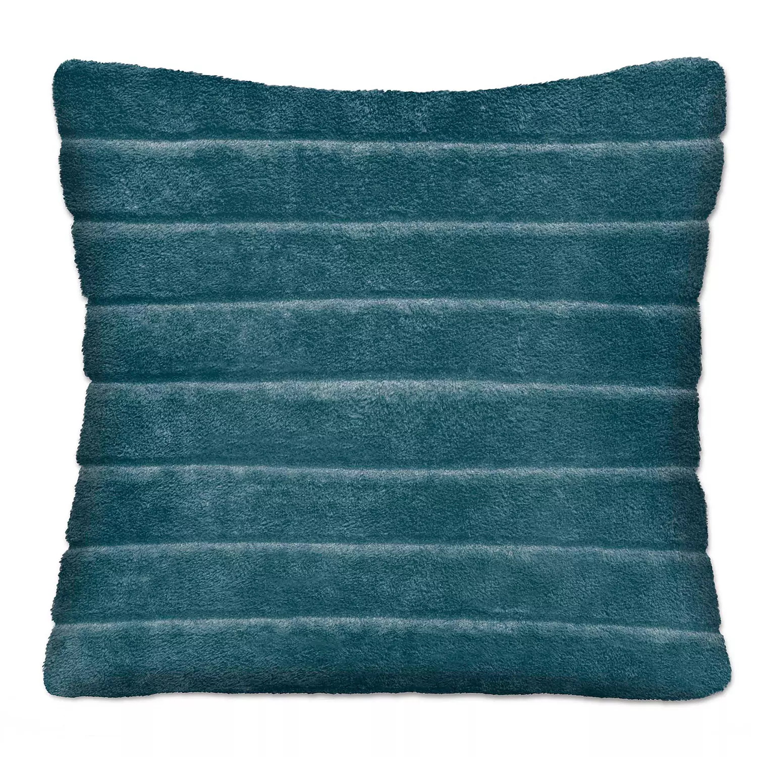 Faux fur decorative cushion with embossed stripes, 17"x17", teal
