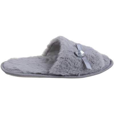 Faux fur open toe slippers with satin bow & jewel - Grey